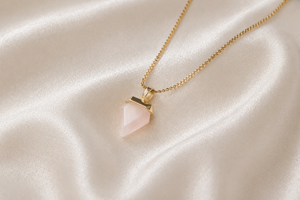 inverted triangle rose quartz gold necklace