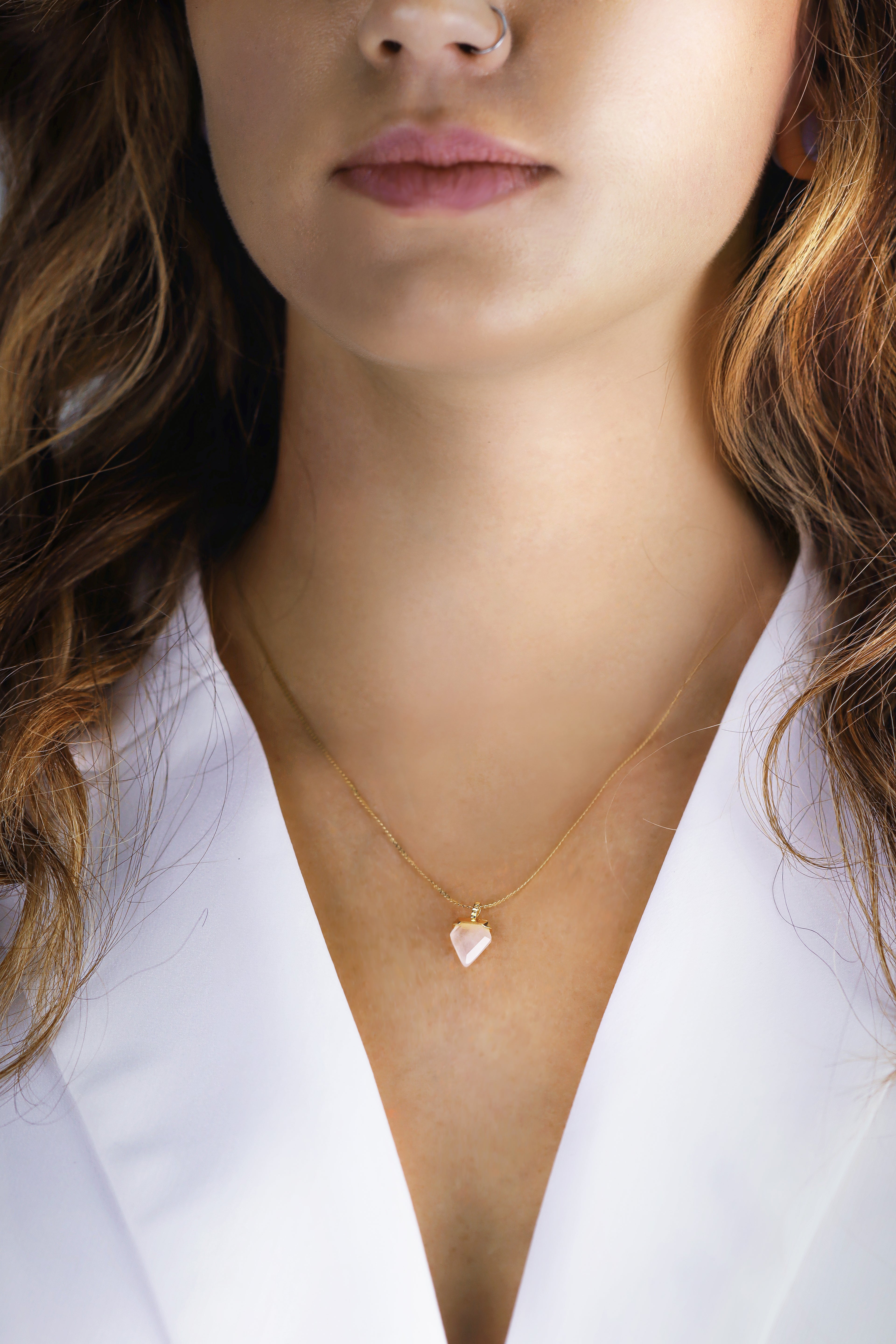 inverted triangle rose quartz gold necklace