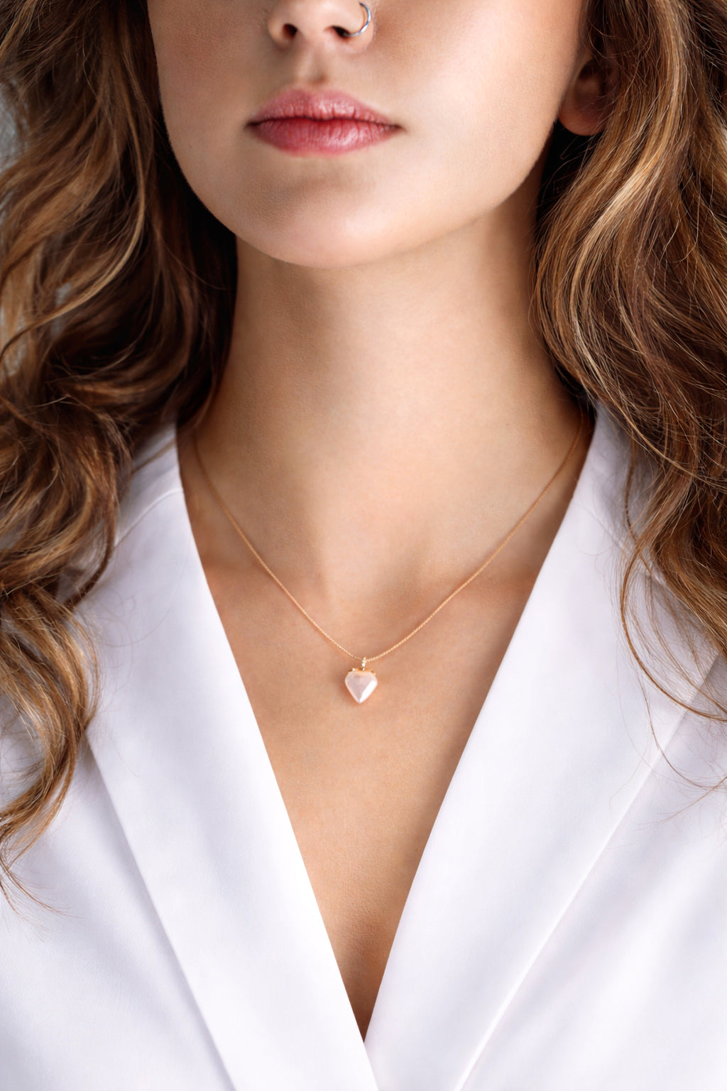 inverted triangle rose quartz gold necklace
